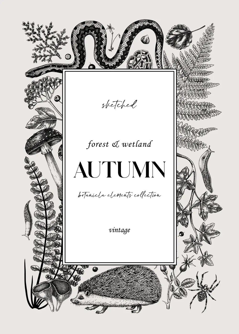 Forest vector greeting card and invitation. Hand-drawn autumn plants, fall leaves, mushrooms, ferns, woodland animals sketches. Decorative autumn background in vintage style for banner, print, wedding Illustration